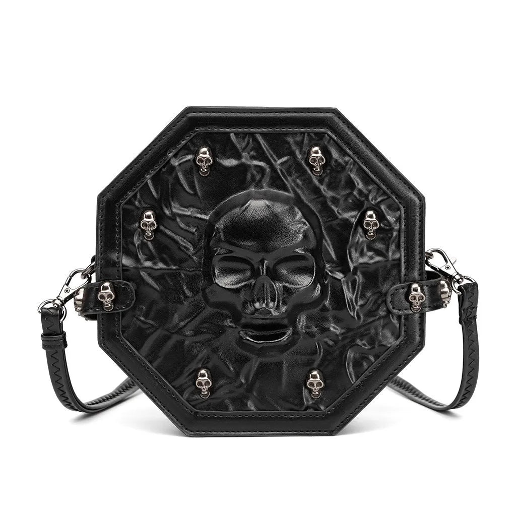 Men's black embossed Halloween messenger bag with a 3D pocket and crossbody strap.