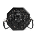 Men's black embossed Halloween messenger bag with a 3D pocket and crossbody strap.