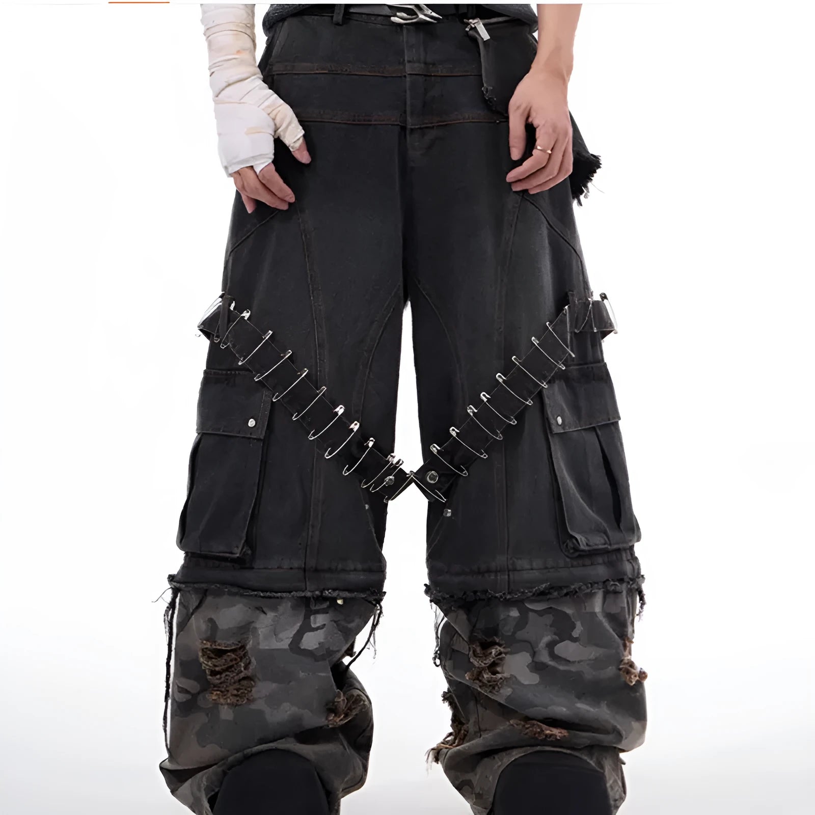 Men's grey camouflage splicing jeans with decorative pin and ribbon details