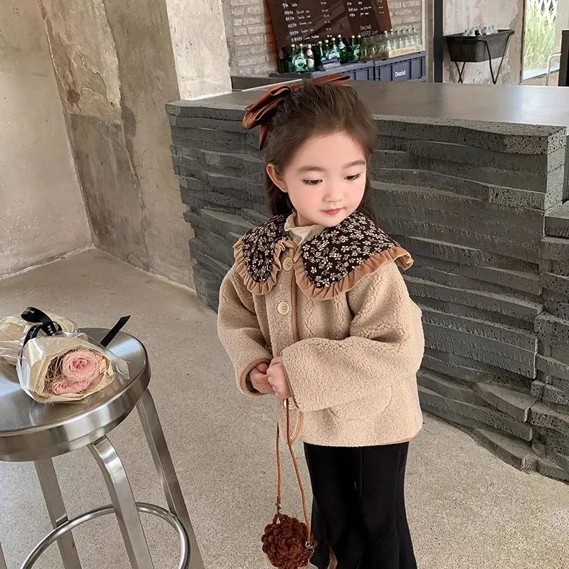 Mori style girls' fleece-lined winter coat in khaki colour for toddlers, long sleeves, polyester outer