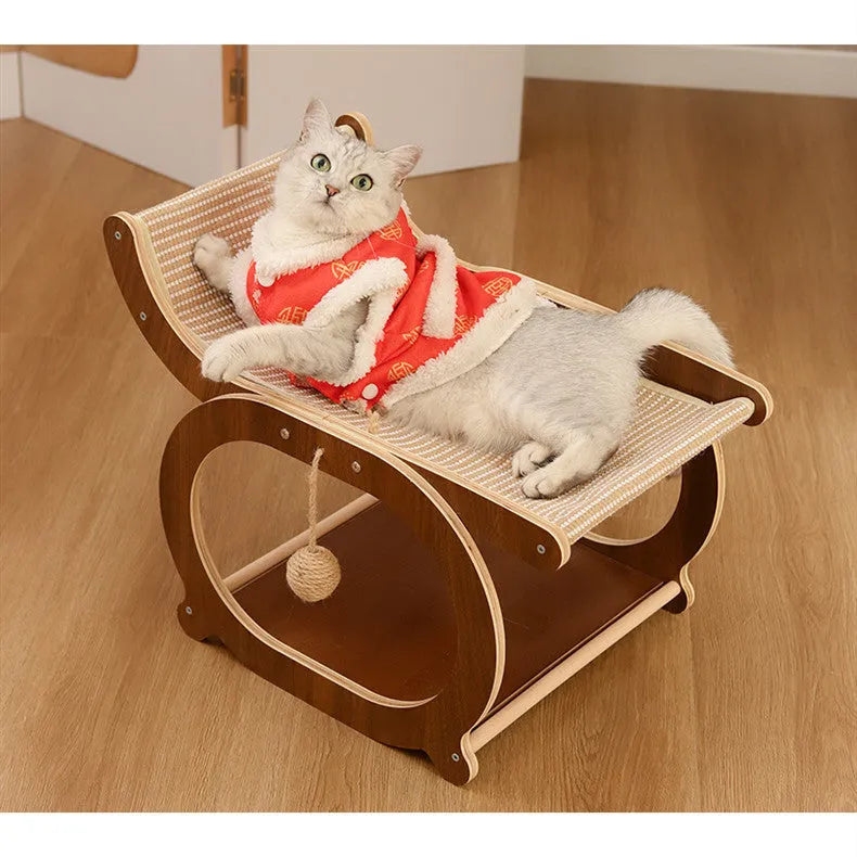 Solid wood sisal cat scratching mat and bed in walnut colour on a wooden floor.