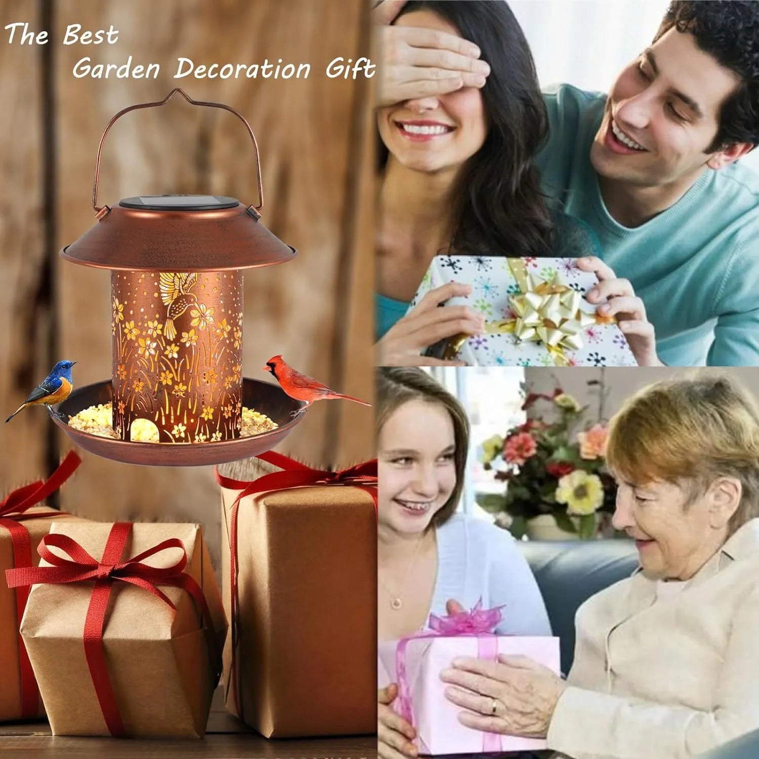Solar-powered iron art bird feeder lamp with hummingbird decoration for outdoor garden use