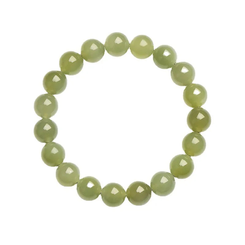 Polished Hetian jade bead bracelet in ice-like clear colours on a white background.