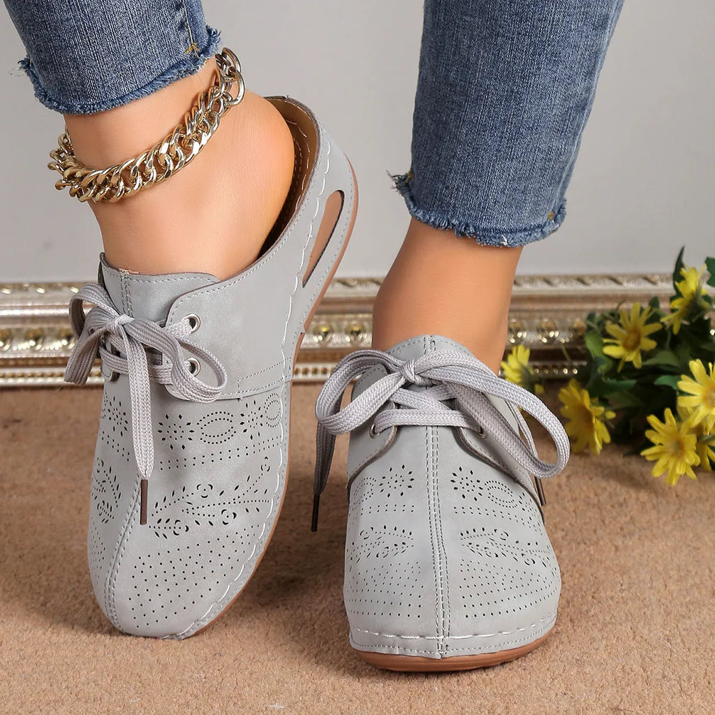 Women's lace-up wedge slippers with hollow out design in light grey colour