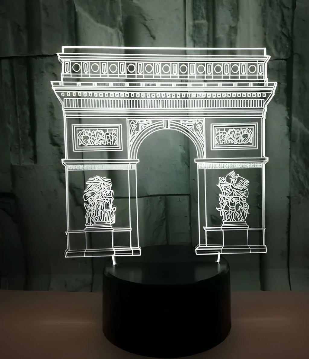 Triumphal Arch 3D night light with acrylic board, ABS base, USB cable, seven colours, and touch or remote control