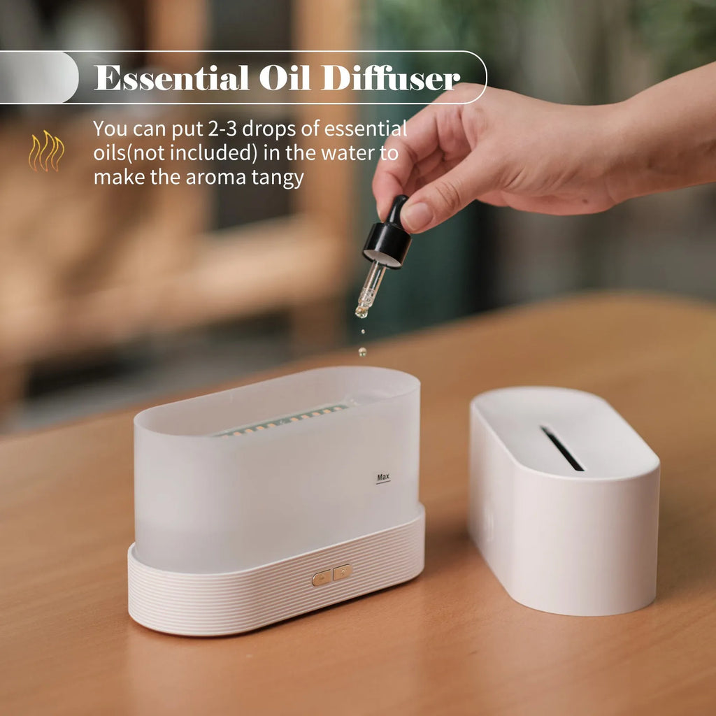 Square black ultrasonic aroma diffuser with LED flame effect and mist output