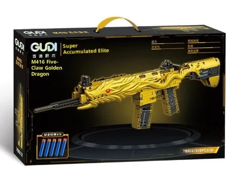 Golden Sand Eagle Gun M416 rifle model built from small particle plastic building blocks, colour box packaging