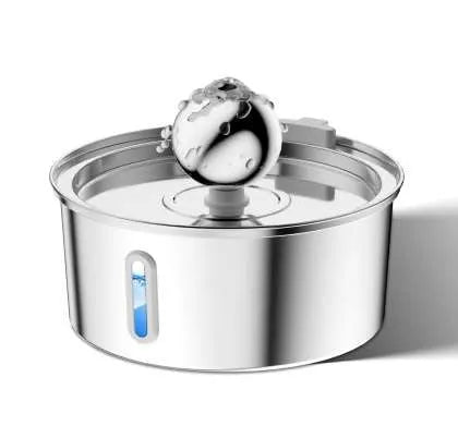 Stainless steel round pet water dispenser with large reservoir and selectable faucet attachment