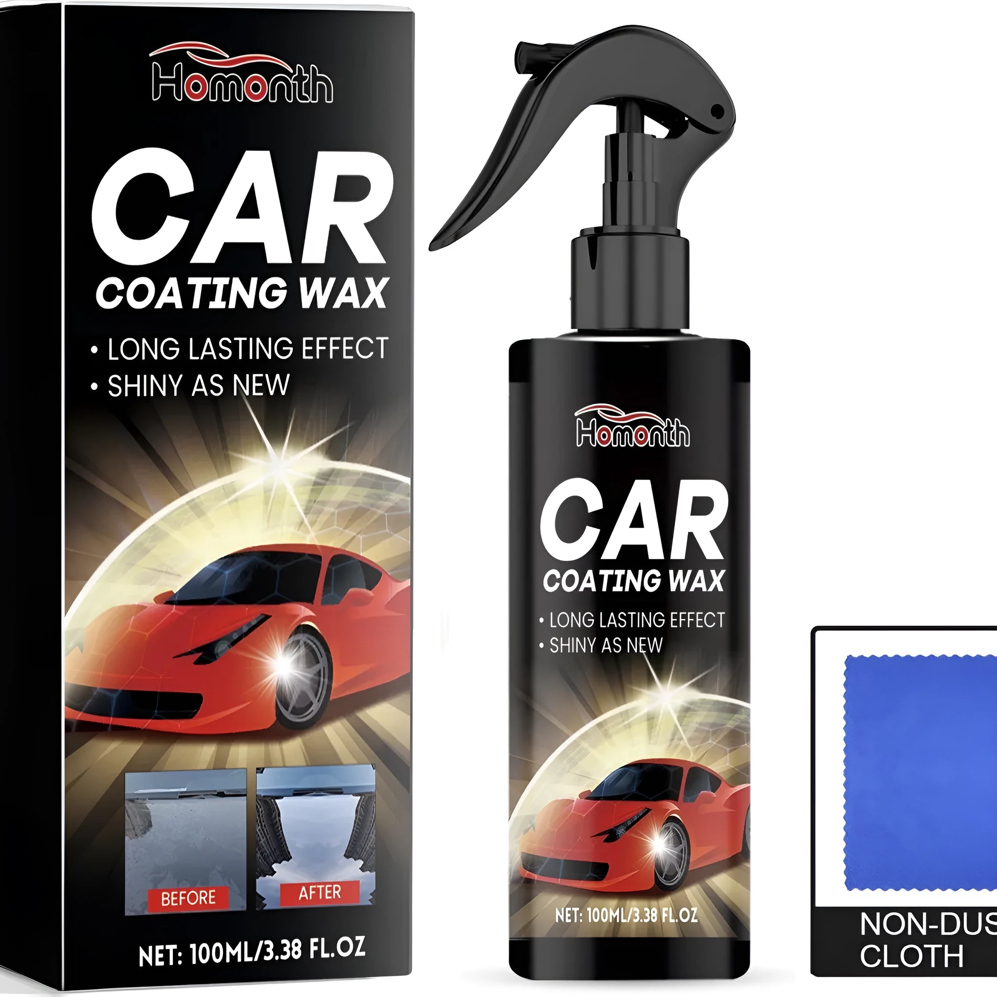 Bottle of car coating wax liquid and a white PET microfibre cloth for automotive paint application.