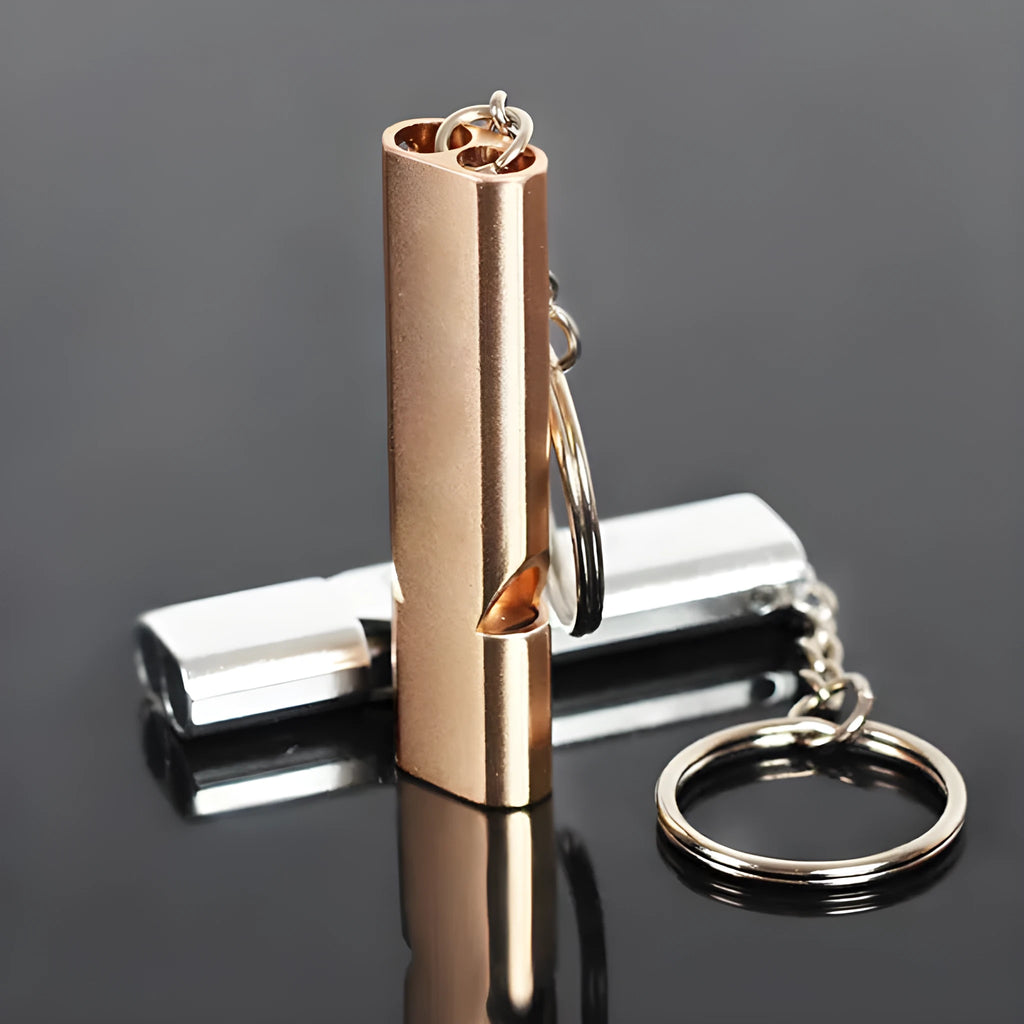 Silver and gold coloured aluminium alloy double-hole outdoor survival whistle with keychain.