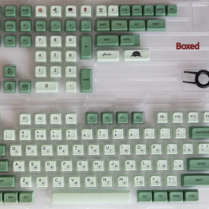 Set of 124 matcha green PBT keycaps with white legends for a mechanical keyboard