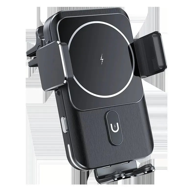 Black car wireless phone charger with 15W power shown with suction cup and clip mounting options