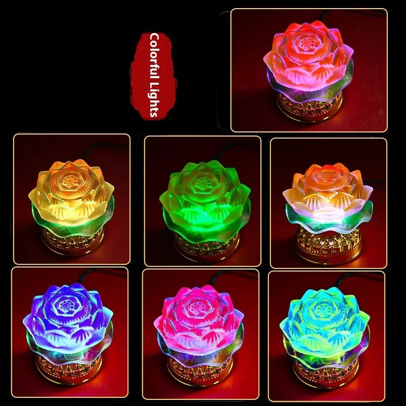 Yellow Chinese-style lotus table lamp made of ABS plastic, shown in bud and flowering styles.