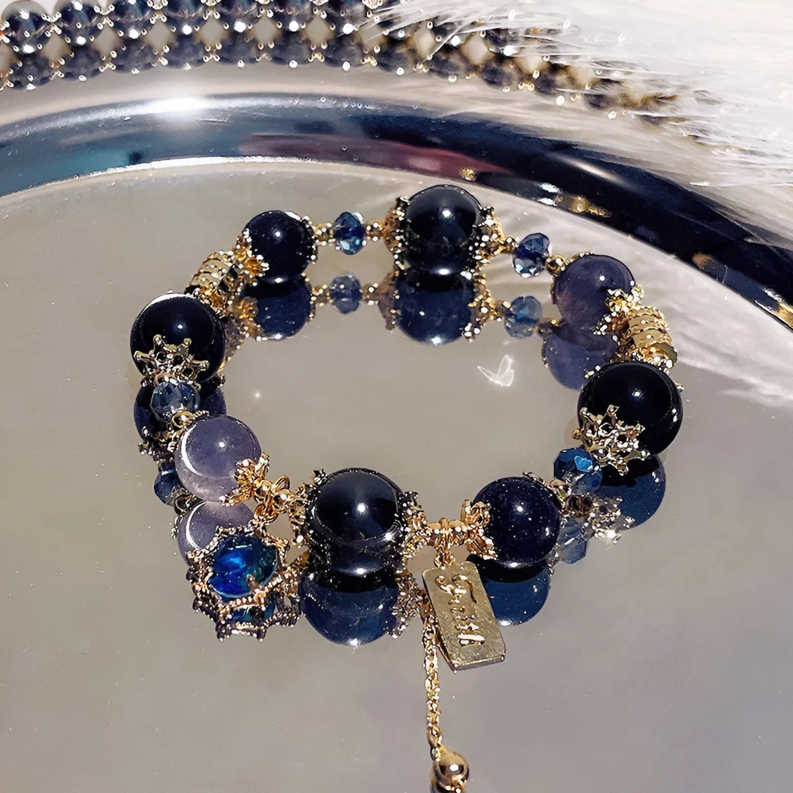 Women's snowflake pendant bow bracelet with heart charm in galaxy colour electroplated finish