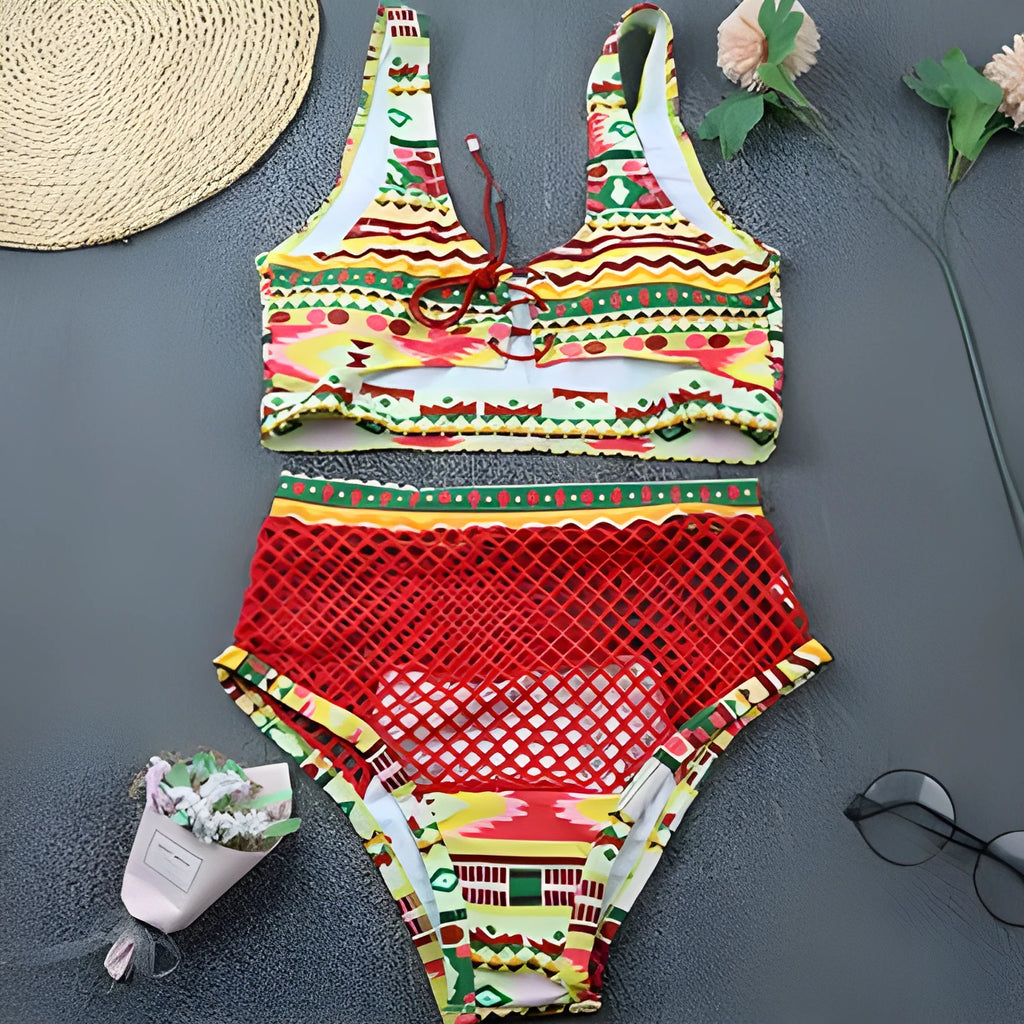 Women's cross-strap fishnet bikini set with high-waist briefs in multicolour checkered pattern