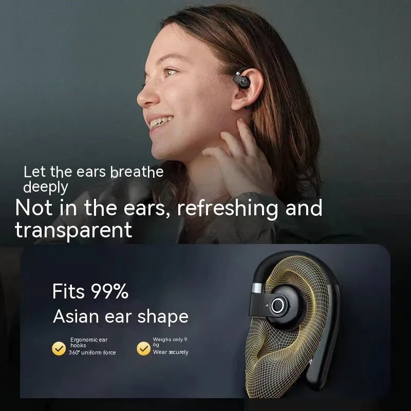 Black ear-mounted non-in-ear Bluetooth headset with charging case and cable