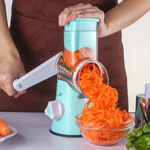 Manual round mandoline vegetable slicer with stainless steel blades in blue colour