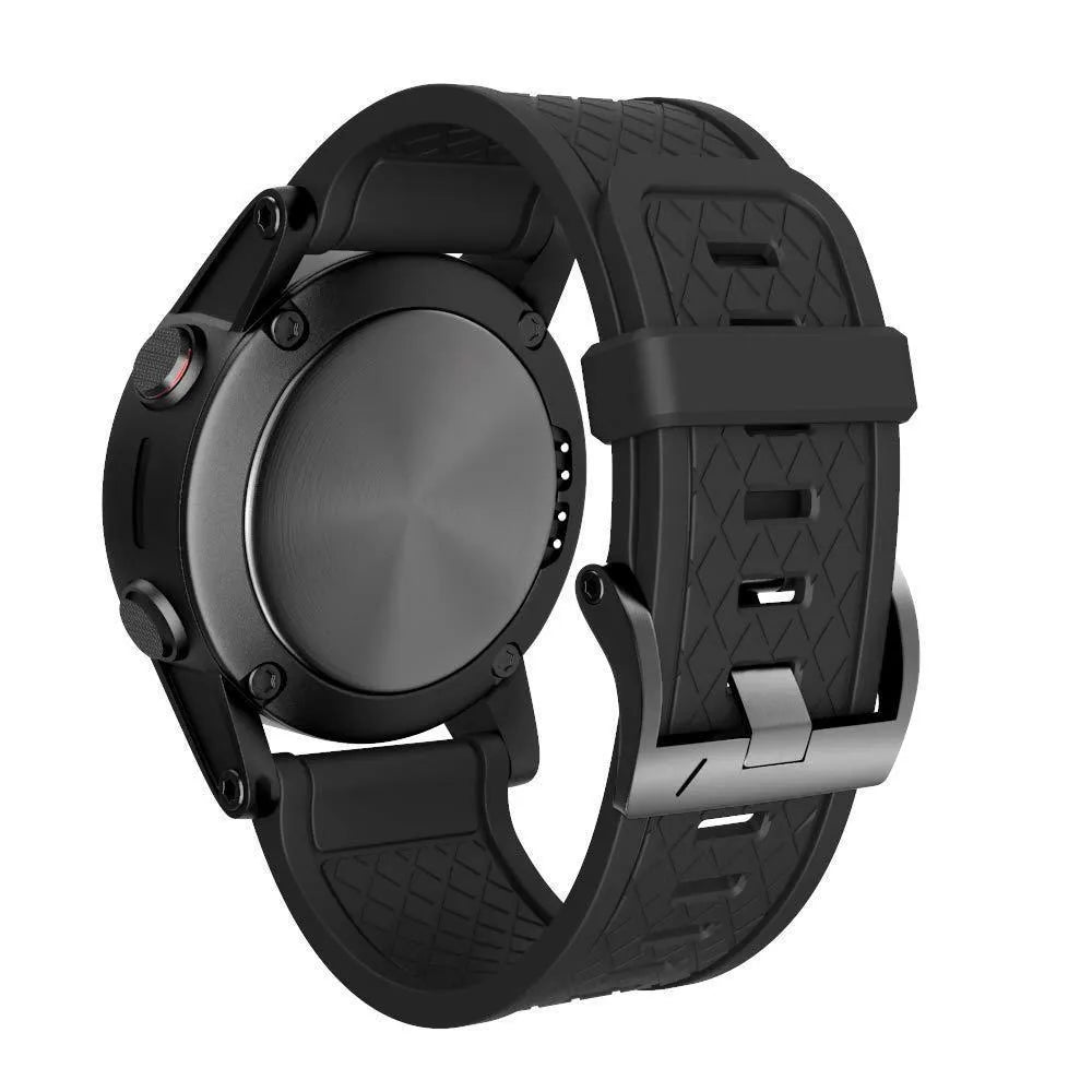 26mm wide black silicone watch strap with stainless steel buckle for Jiaming watches.