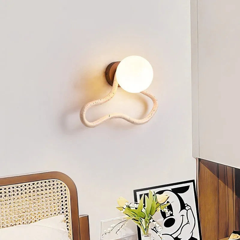 Middle Ancient cream style bedside wall lamp with white travertine glass shade and solid wood base