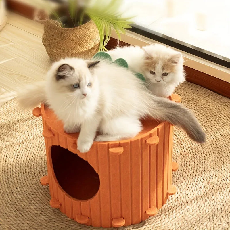 Grey felt semi-enclosed cat tunnel and nest bed for indoor cats, shown in medium and large sizes.
