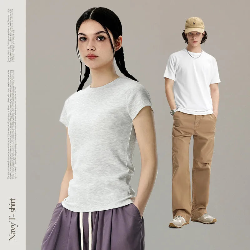 Slim fit stretch t-shirt set including a vest, men's short sleeve, and women's short sleeve top in assorted colours.