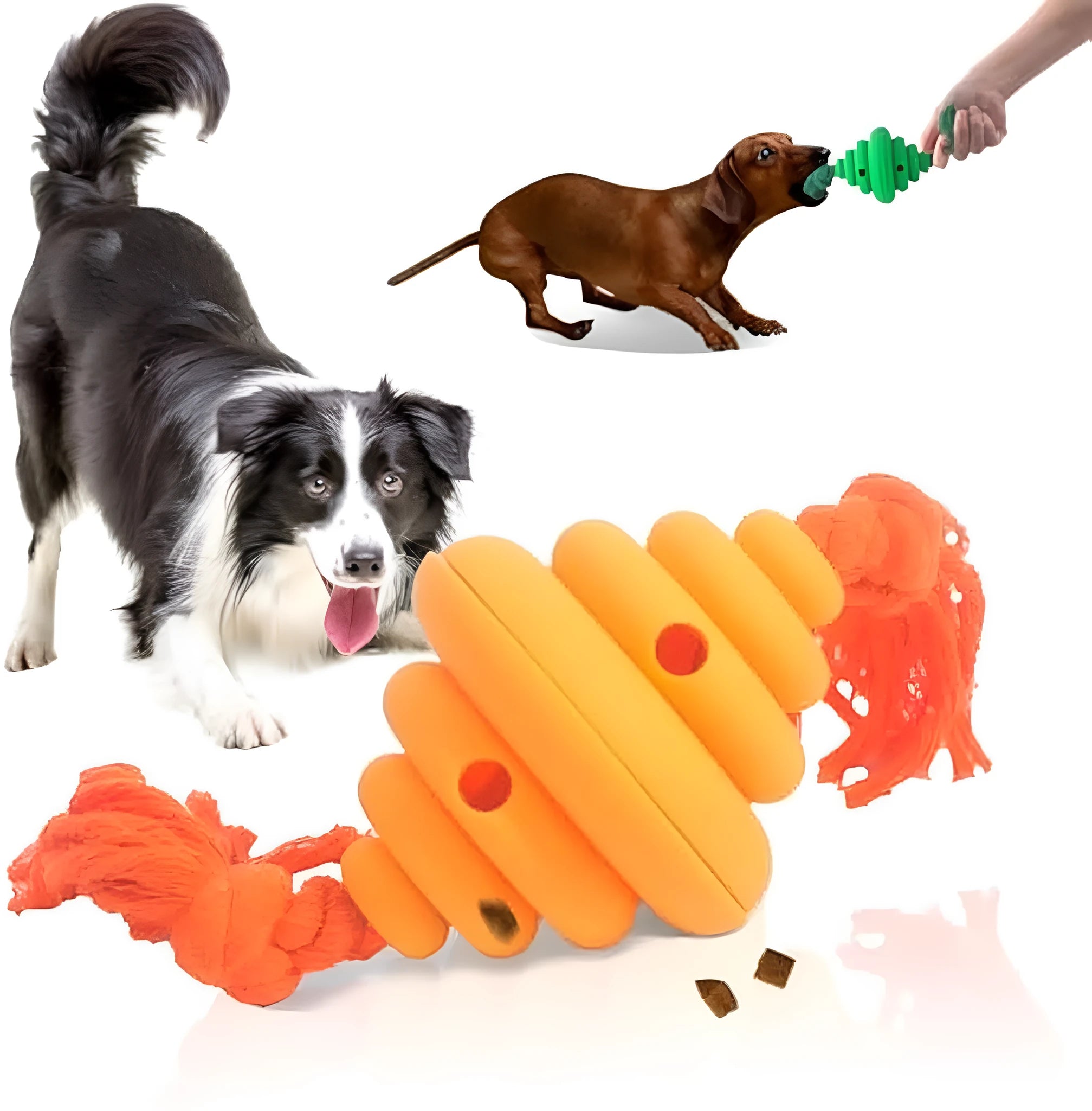 Green and yellow silicone dog ball with rope attachment for food dispensing and tug-of-war games