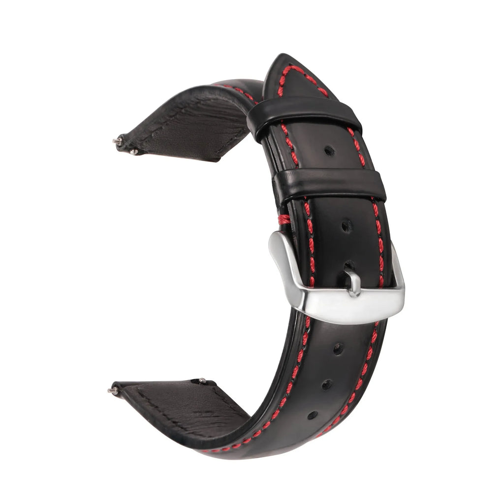 Quick release leather watch strap in black on a watch, showing the ear leather attachment and quick release tabs.