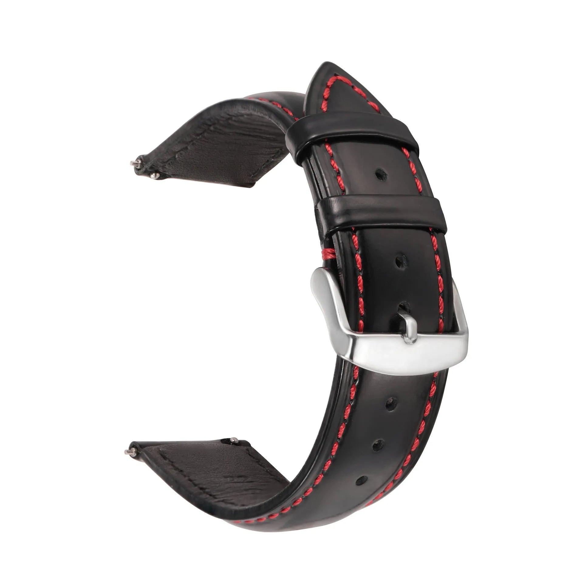 Quick release leather watch strap in black on a watch, showing the ear leather attachment and quick release tabs.