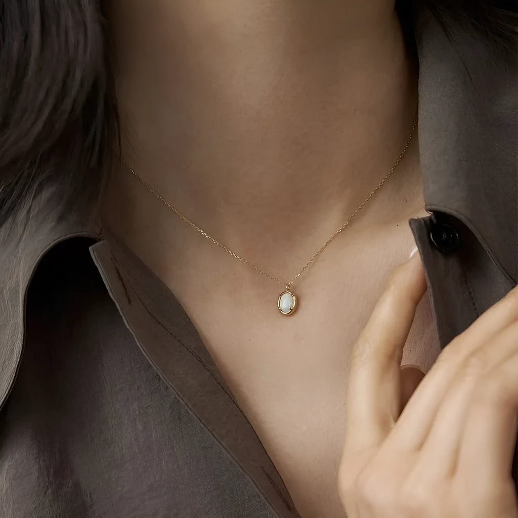 S925 sterling silver pendant necklace with geometric oval jelly opal design and 14K gold plating