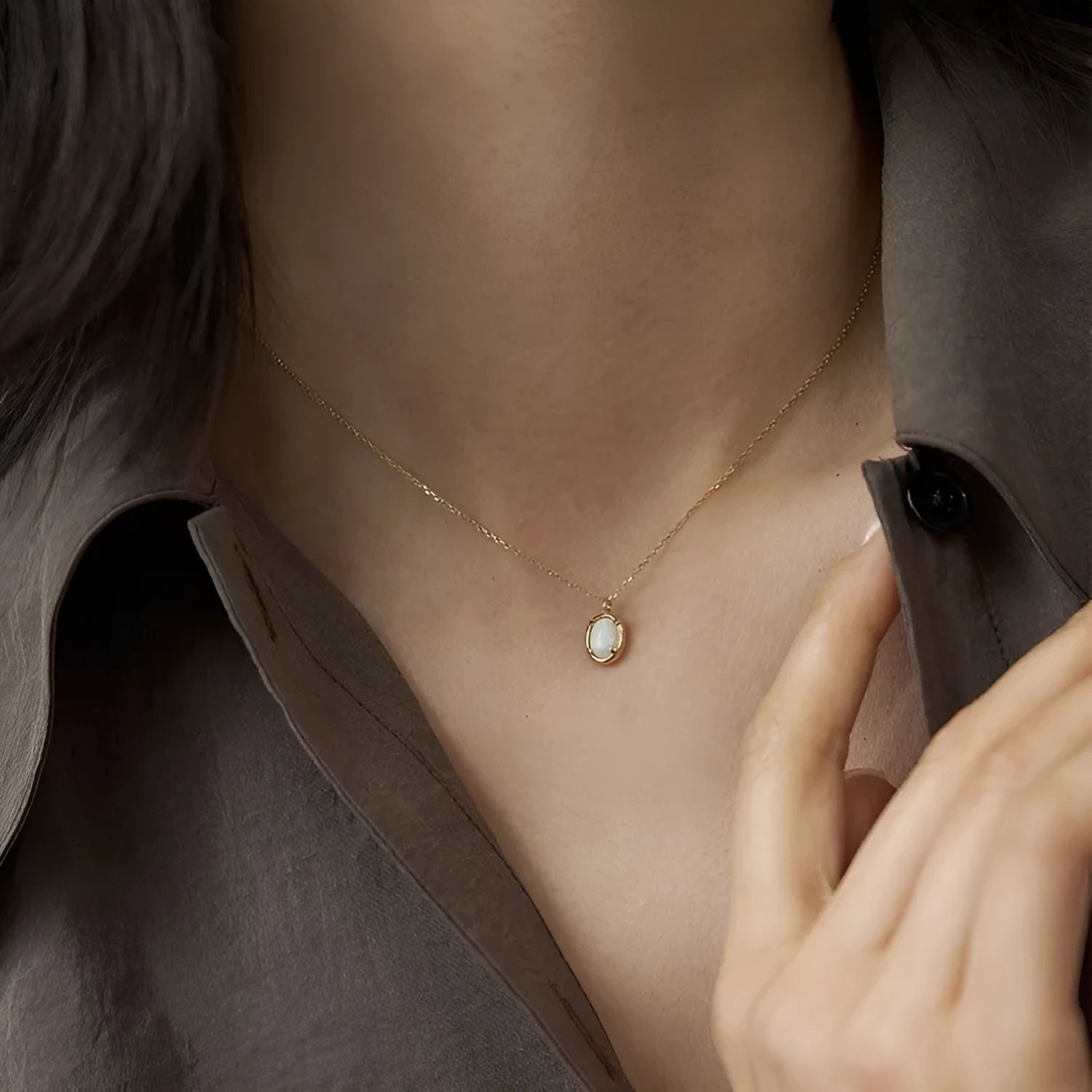 S925 sterling silver pendant necklace with geometric oval jelly opal design and 14K gold plating