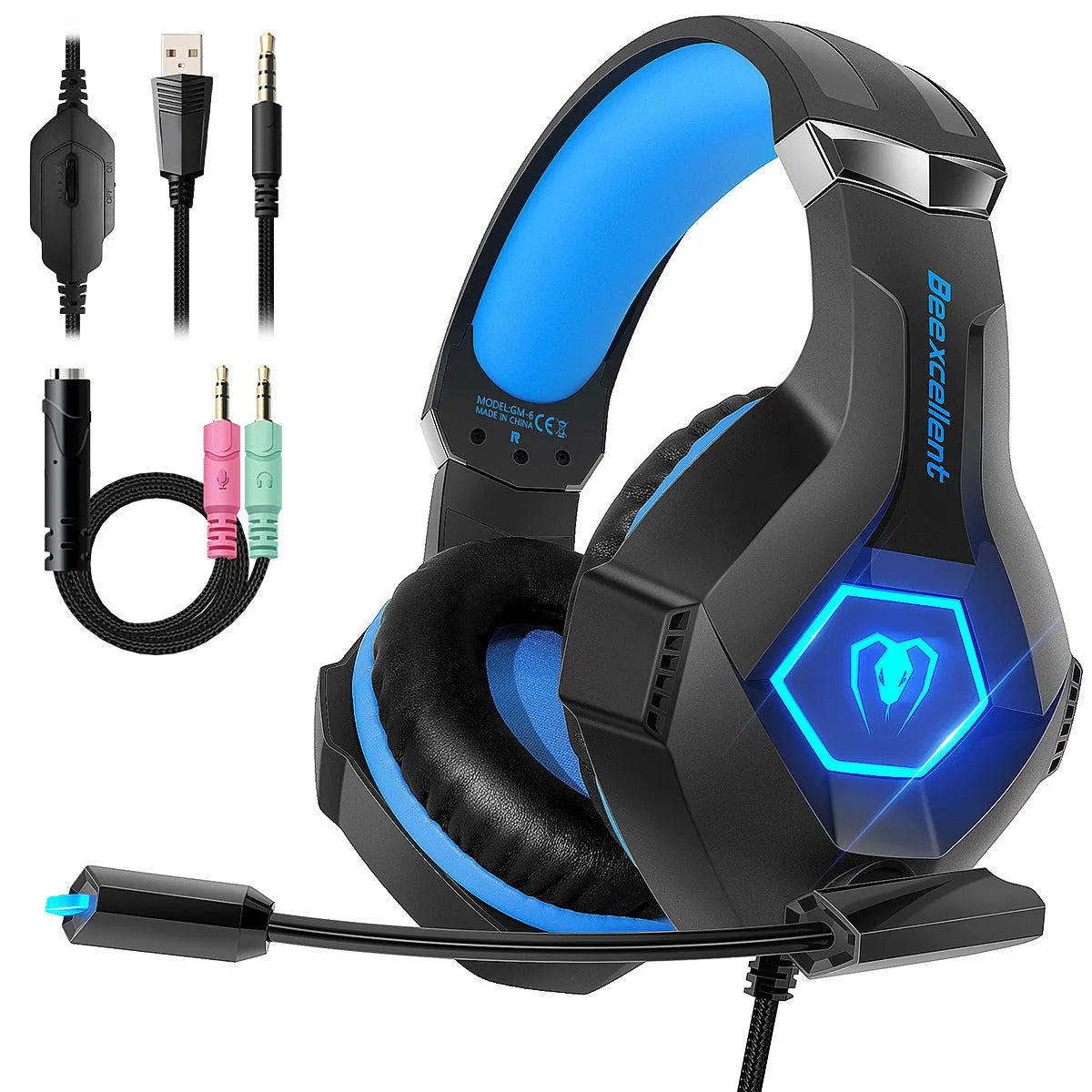 Luminous Gaming Headset with microphone, RGB lighting on ear cups, in black with blue accents.
