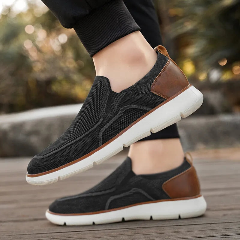 Breathable fly woven mesh men's casual shoes in khaki with hollow-out design and flat heel
