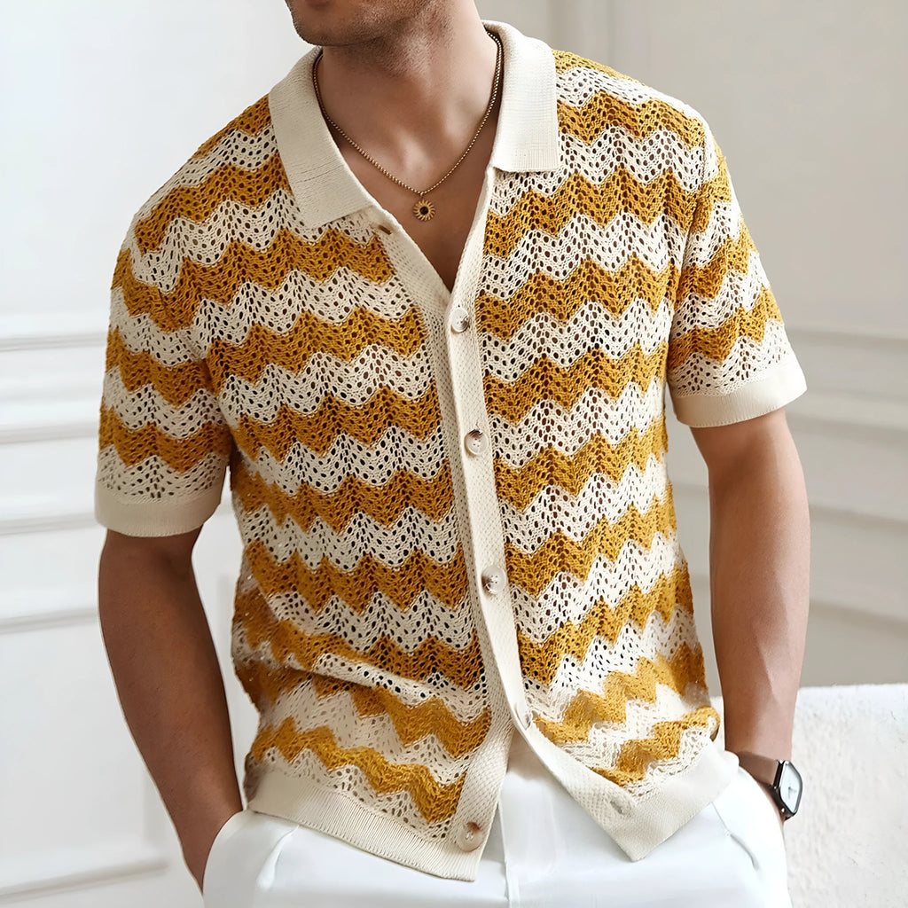 Short sleeve corrugated sweater in Tencel viscose with a textured hollow jacquard and flocked finish.