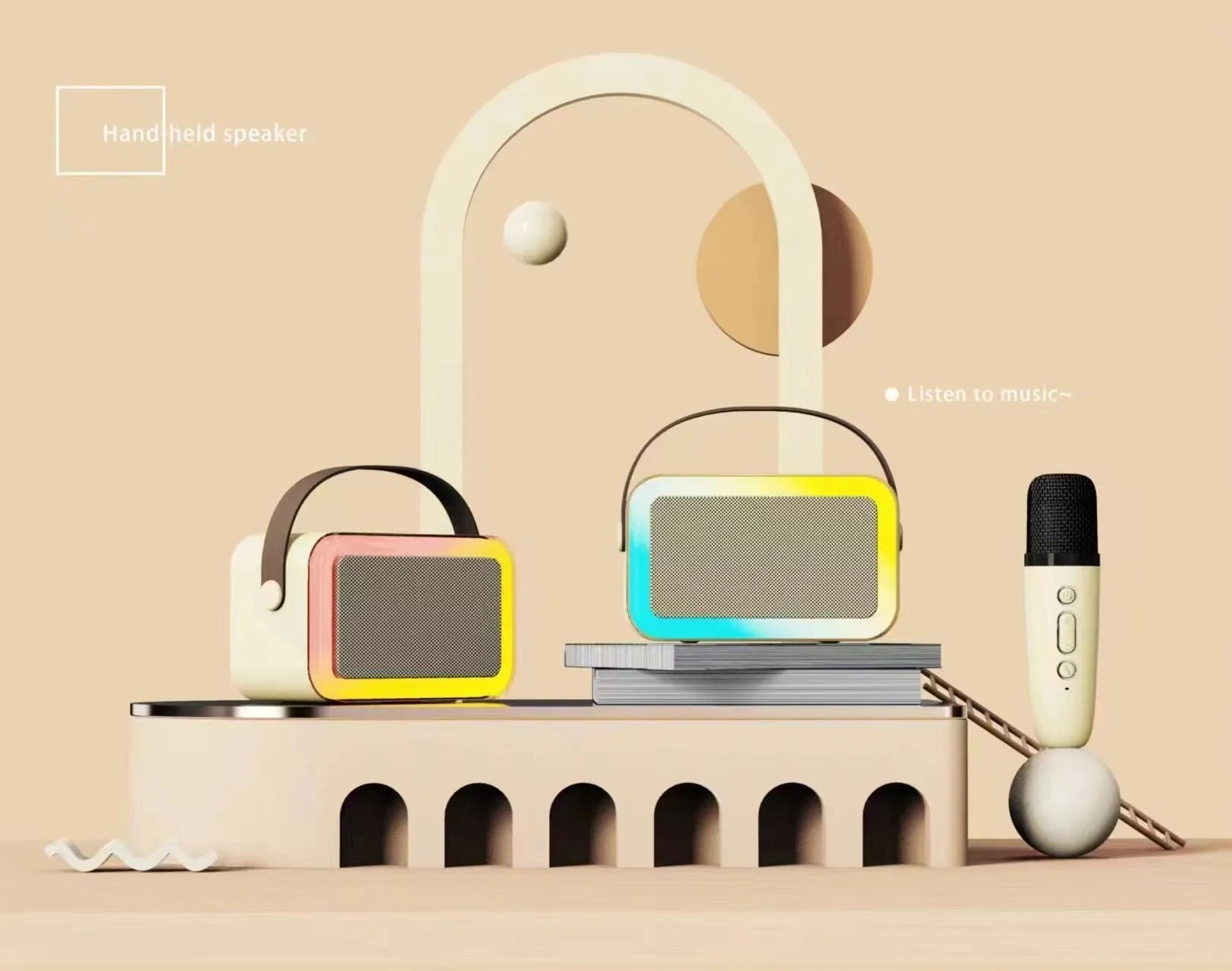 White portable Bluetooth karaoke speaker with coloured lights and a handheld microphone.