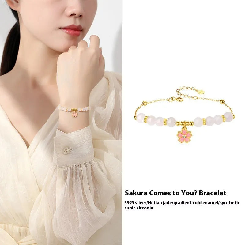 S925 silver cherry blossom pendant bracelet with Hetian jade beads, pink floral women's jewellery