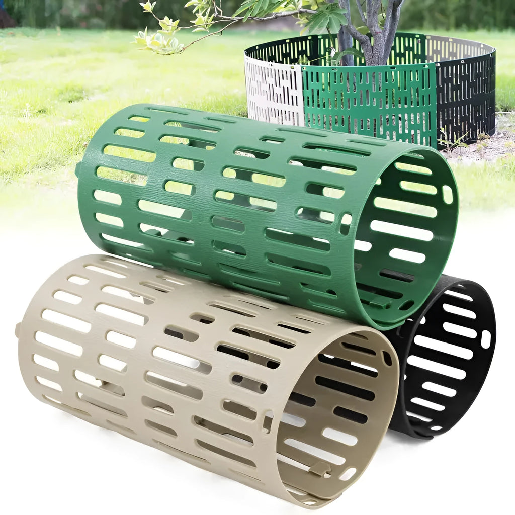 Plastic simulated bark protective cover for trees in a garden setting, available in gray, green, and black