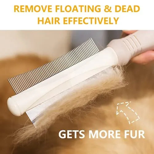 White double-sided pet deshedding brush and comb with ergonomic handle.