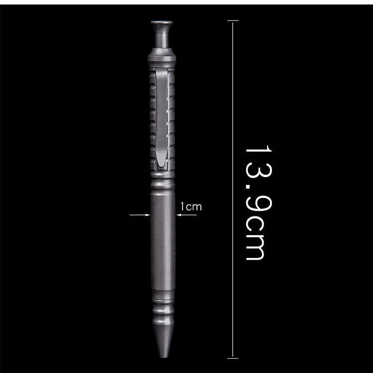 Gunmetal grey titanium alloy tactical pen with push-action button, shown in its gift box.
