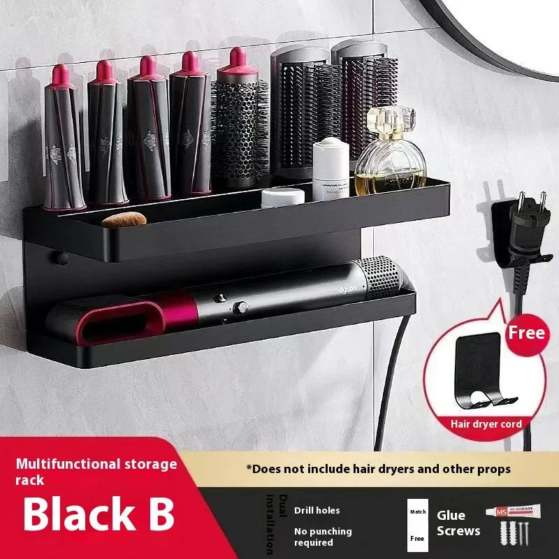 White double-layer punch-free aluminium rack holding hair curlers on a bathroom wall.