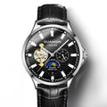 Men's automatic skeleton mechanical watch with 42mm dial, genuine leather strap, and sapphire crystal glass