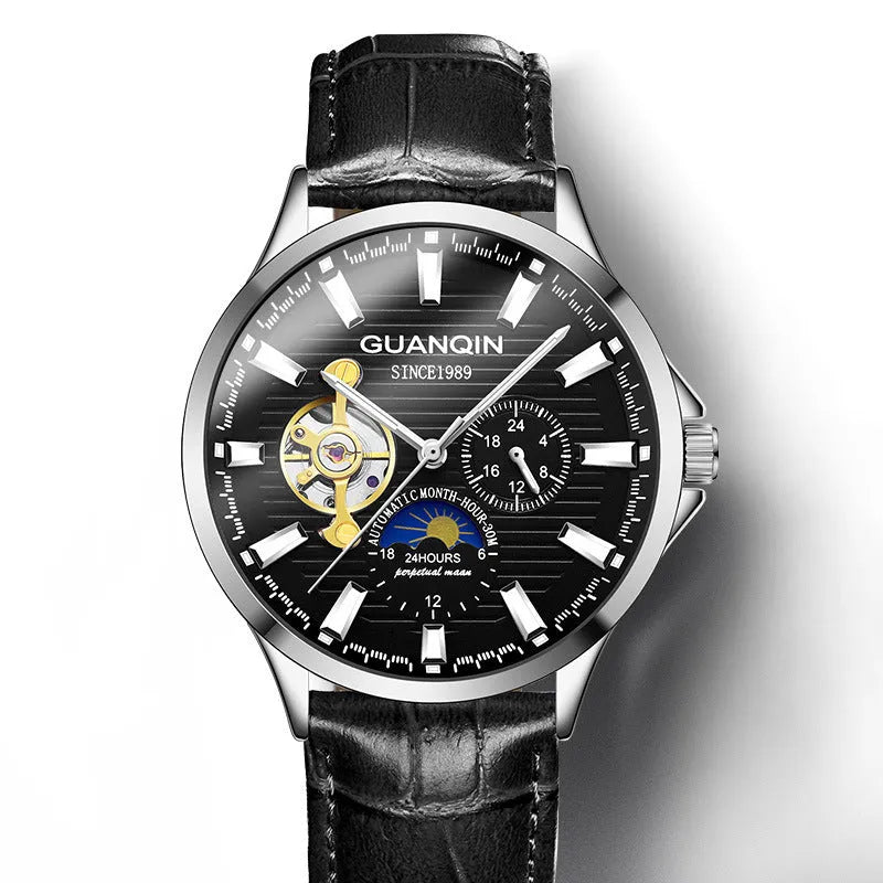 Men's automatic skeleton mechanical watch with 42mm dial, genuine leather strap, and sapphire crystal glass