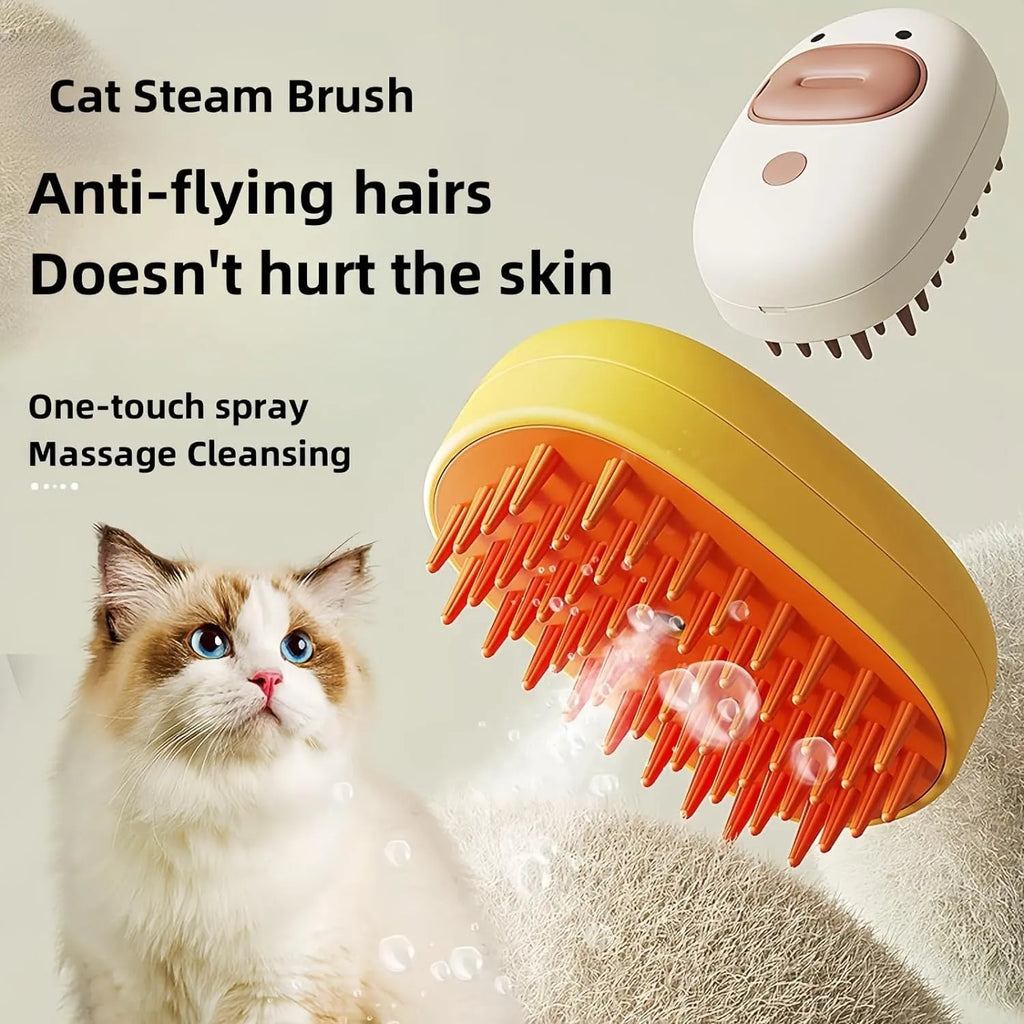 White rechargeable pet steam grooming brush for dogs and cats with rubber comb teeth