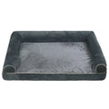 Square dark grey cloth dog bed with sponge filling on a wooden floor