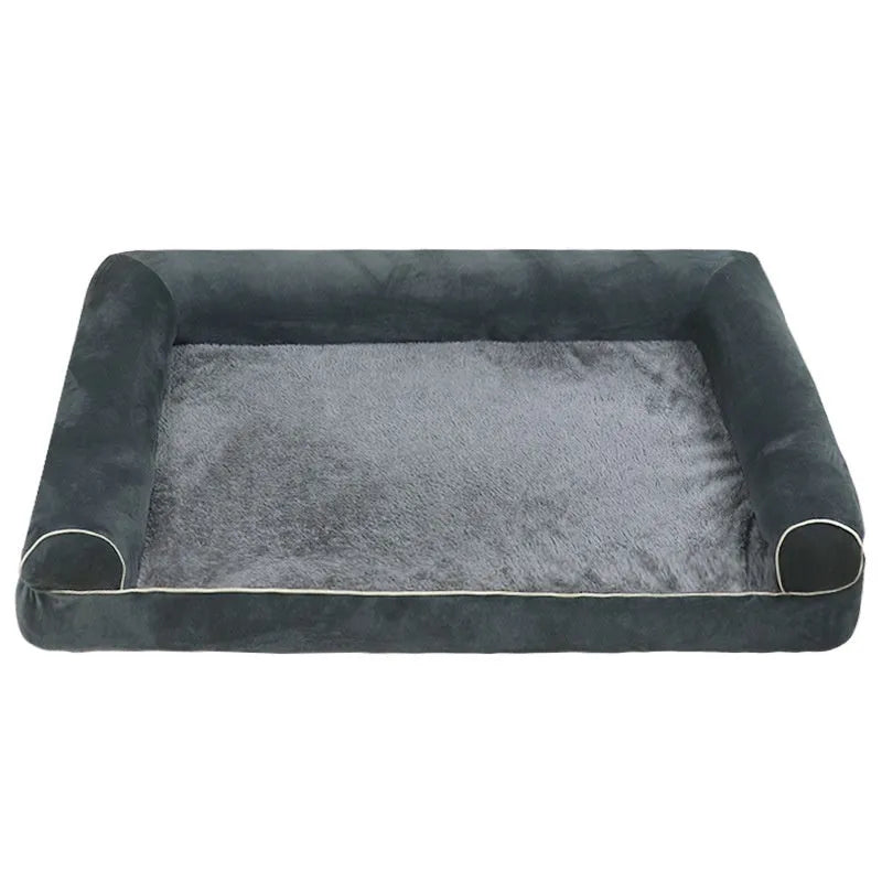Square dark grey cloth dog bed with sponge filling on a wooden floor