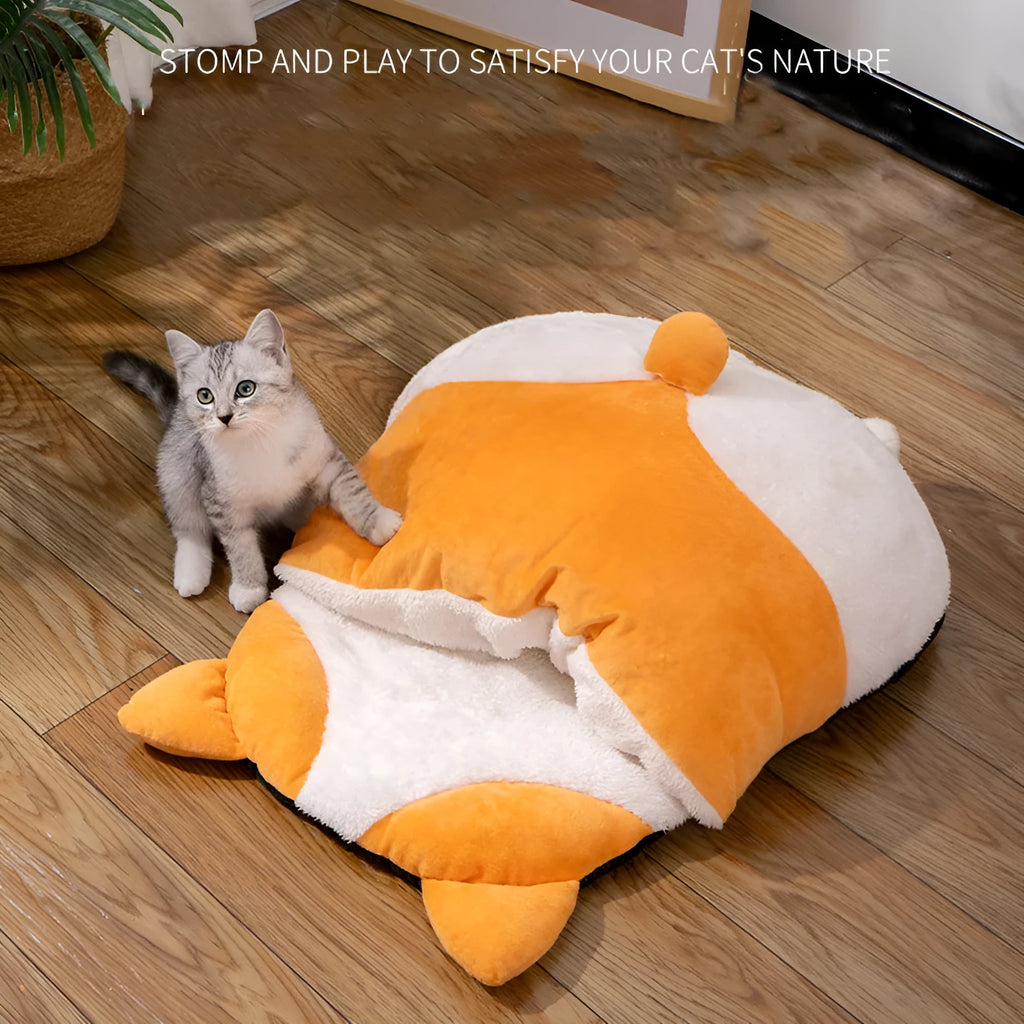 Orange fleece cat sleeping bag with semi-closed nest design, measuring 65cm long
