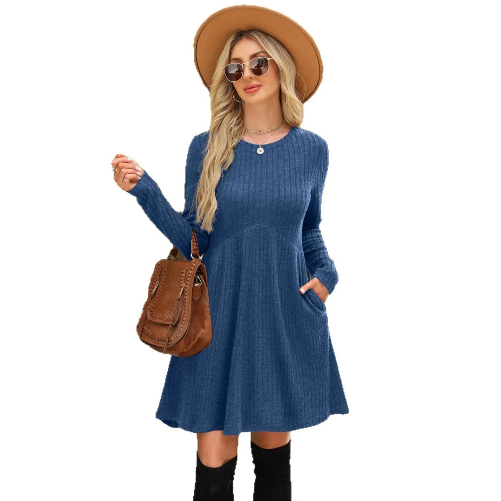 Women's bohemian brushed sunken stripe solid colour princess dress mid length wide waist autumn winter