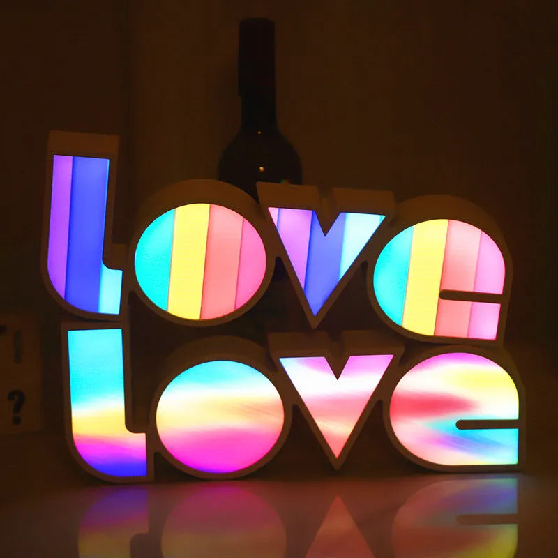 LED LOVE light with rainbow style plastic lampshade showing 'LOVE' word decoration