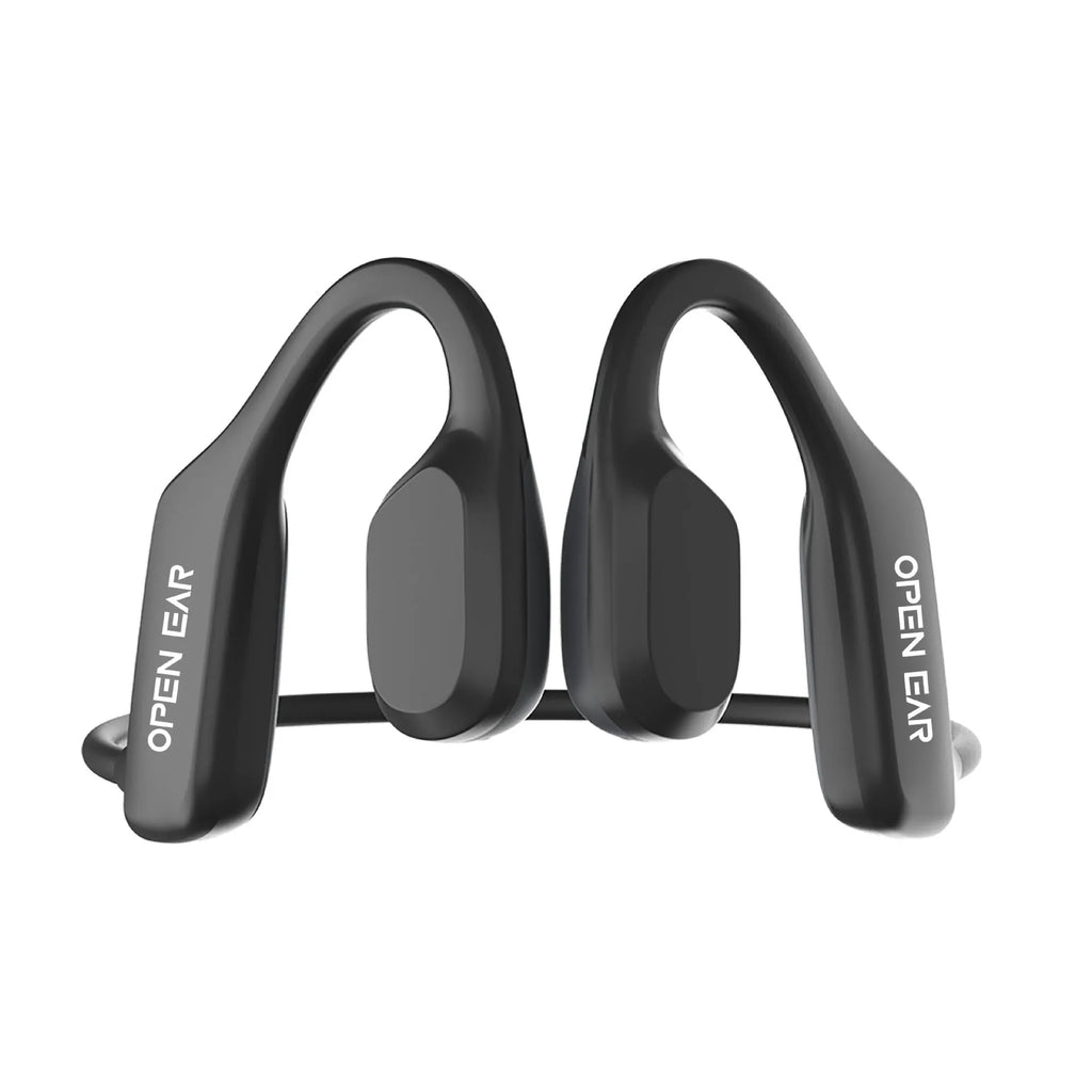 IPX5 waterproof bone conduction sports headset in Black, rear-mounted hanging-neck design