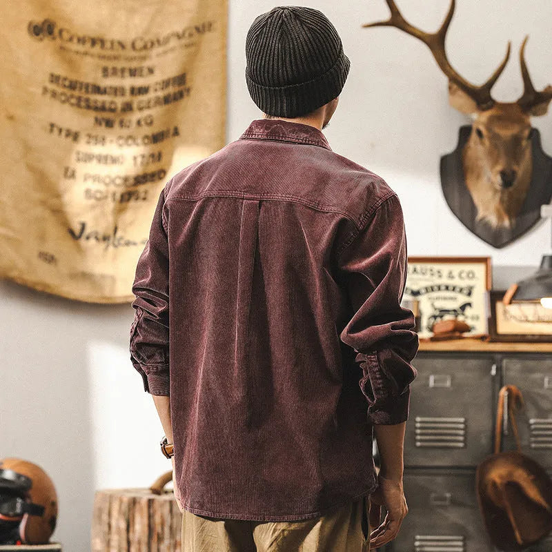 Men's retro corduroy casual jacket in red and black colours, loose fit with long sleeves.