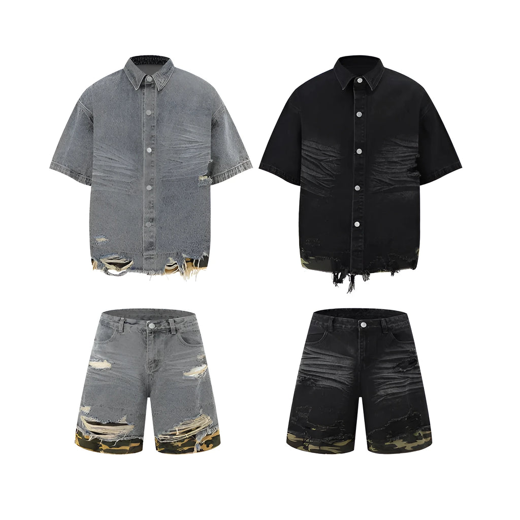 Black denim short sleeve suit with cut-edge stitching and leopard print, including top and shorts.